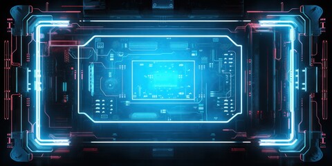 Computer neon microchip of quantum technology of the future. AI generation 