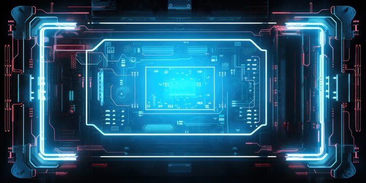Computer neon microchip of quantum technology of the future. AI generation 