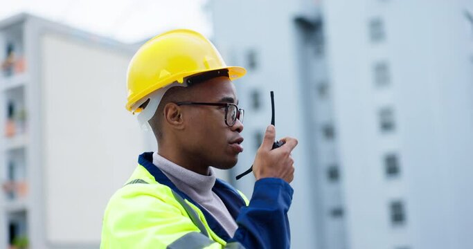 Black man, architect and walkie talkie in city on site for construction management inspection or maintenance. African male person, contractor or engineer talking on radio in architecture or building