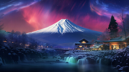 Fuji and Aurora Borealis - obrazy, fototapety, plakaty