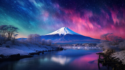 Fuji and Aurora Borealis