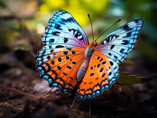 Close-up of butterfly in the rain. Vibrant colors. AI generated.