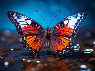 Close-up of butterfly in the rain. Vibrant colors. AI generated.