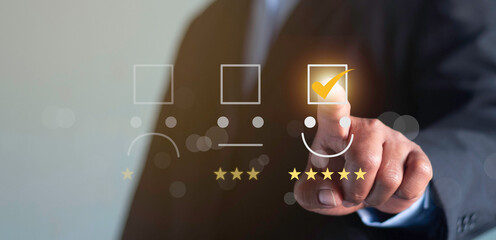 Business people rate service experience and product quality or staff friendliness and overall value for the price. information, amend, improve. Customer review satisfaction feedback survey concept.