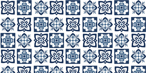  Azulejo seamless pattern. Collection of ceramic tiles in Turkish style. Portuguese and Spanish decor in blue, white. Islam, Arabic, Indian, Ottoman motif