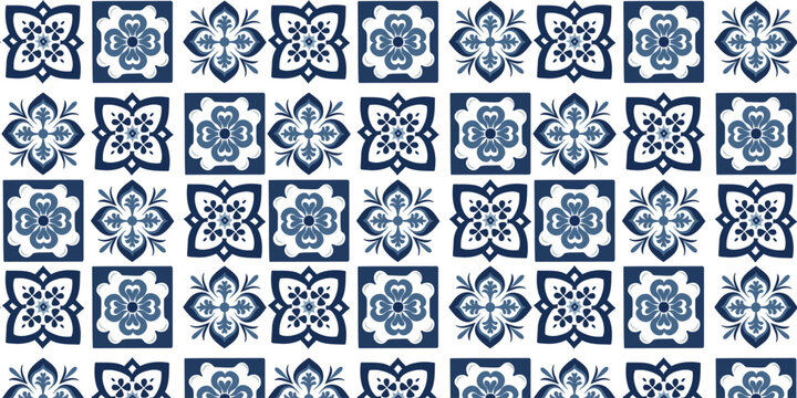 
Azulejo seamless pattern. Collection of ceramic tiles in Turkish style. Portuguese and Spanish decor in blue, white. Islam, Arabic, Indian, Ottoman motif