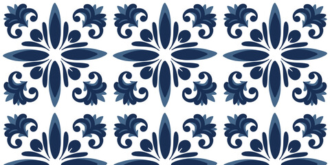 Seamless pattern with blue white azulejo Portuguese ceramic traditional tiles. Vector illustration  