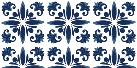 Gordijnen Seamless pattern with blue white azulejo Portuguese ceramic traditional tiles. Vector illustration   © Tetiana Kasatkina
