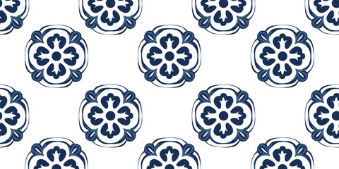 Portuguese tile pattern vector seamless with mosaic arabesque ornaments. Moroccan ceramic, lisbon azulejo, mexican talavera, italian sicily, spanish majolica, turkish, mediterranean texture design