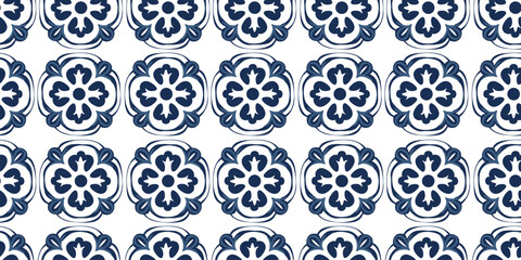 Seamless pattern with azulejo mosaic tiles, blue and white colors, mediterranean, portuguese, spanish and and turkish traditional vintage style. Vector illustration