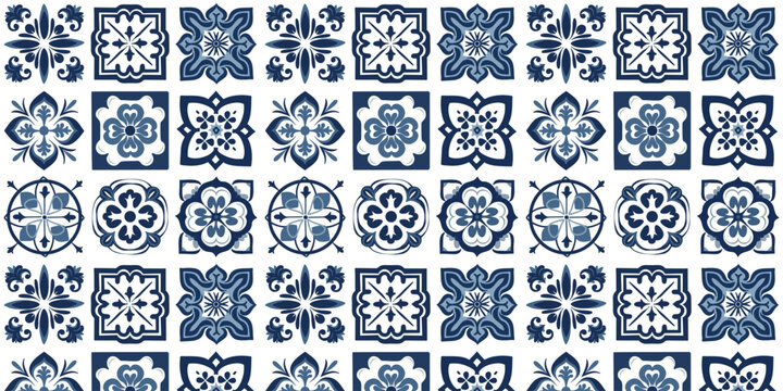 Decorative color ceramic azulejo tiles. Kit of vector seamless patterns. Colored design. Blue folk ethnic ornaments for print, web background, surface texture, towels, pillows, wallpaper.