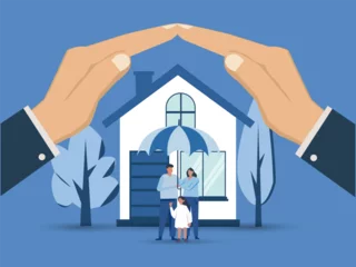 Foto auf Acrylglas Cartoon-Autos Home insurance property security concept. Car insurance agent money holding in hands of house, protection from harm, keep safe flat design illustration vector.