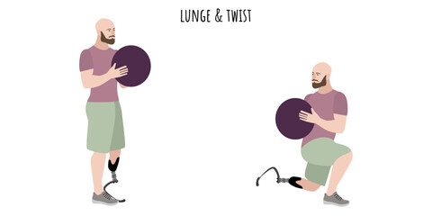Man with a prosthetic leg doing lunge and twist