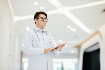 Asian young man doctor wear lab coat and stethoscope holding tablet for check patient health results data in hospital, Medical staff, Professional healthcare service concept.