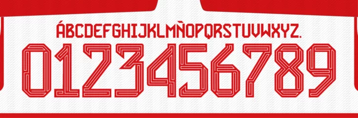 Zelfklevend Fotobehang font vector team 2023 - 2024 kit sport style. football style font with lines. bayern font. The Reds font. sports style letters and numbers for soccer team © Fabian1927