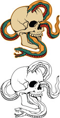 Snake and skull drawing illustration art.  Print for streetwear,shirt,hoodie,sticker etc