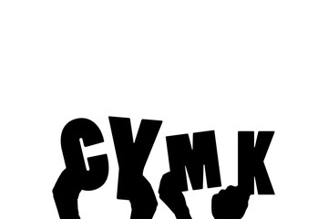 Digital png illustration of hands with cymk text on transparent background