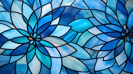 Dark blue stain glass with a random abstract pattern with white light from the background. The light source from one direction gives a gradient to the color of the stained glass.
