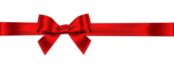 Red Ribbon Bow Realistic shiny satin with shadow horizontal ribbon for decorate your wedding invitation card ,greeting card or gift boxes vector EPS10 isolated on white background. - obrazy, fototapety, plakaty