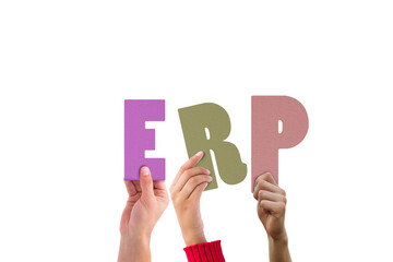 Digital png illustration of hands with erp text on transparent background