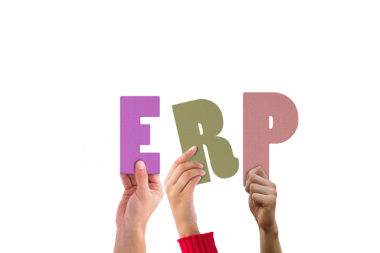 Digital png illustration of hands with erp text on transparent background - Powered by Adobe