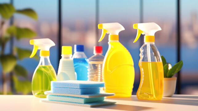 Cleaning products on blur sunny kichen background 