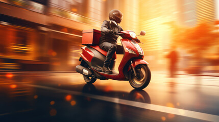 Delivery motorbike or scooter driver with courier box on back