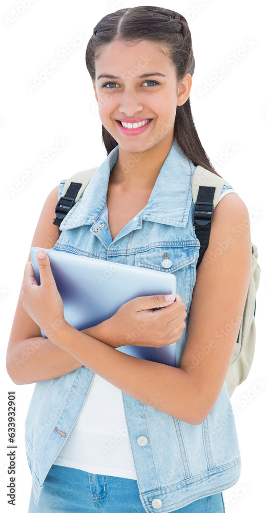 Poster Digital png photo of caucasian schoolgirl with tablet on transparent background