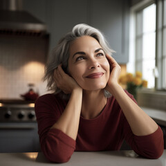a woman in a casual, everyday setting, enjoying a moment of her daily life. She could be cooking in her kitchen, reading a book on her couch, or simply spending time with loved ones.