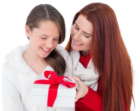 Digital png photo of caucasian mother and daughter with present on transparent background