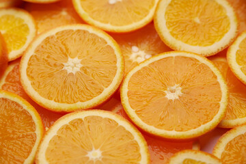top down background view made of Fresh Sliced organic oranges close-up