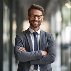 Fototapeta premium a confident man standing with his arms crossed, wearing a warm smile on his face. The man exudes a sense of self-assurance and contentment. His posture, with arms crossed