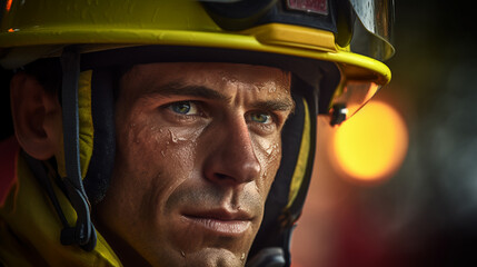 A dedicated firefighter, their eyes reflecting bravery and a commitment to saving lives and protecting communities from fire hazards.