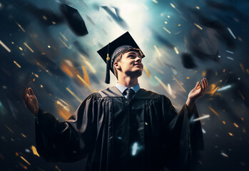 Obraz premium Double exposure photo of Young man throwing graduation cap technology background realistic image, ultra hd, high design very detailed