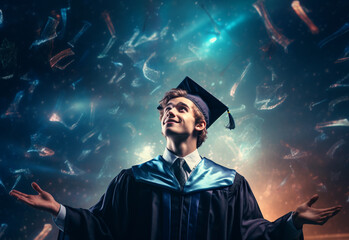 Obraz premium Double exposure photo of Young man throwing graduation cap technology background realistic image, ultra hd, high design very detailed