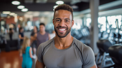Fototapeta premium a cheerful young man with a bright smile, standing confidently amidst the hustle and bustle of a busy gym. Dressed in athletic attire that highlights his muscular physique