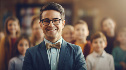 A teacher in glasses stands near the blur children at classroom