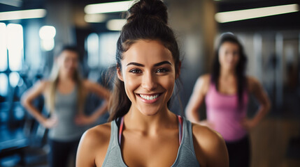 Fototapeta premium a young woman with a radiant smile, standing confidently in a well-equipped gym. She is wearing stylish workout attire, showcasing her dedication to fitness.