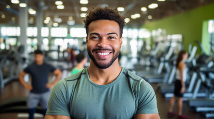 Obraz premium a cheerful young man with a bright smile, standing in a dynamic gym environment. He is dressed in workout attire, showcasing his commitment to physical fitness.