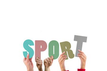Digital png illustration of hands with sport text on transparent background