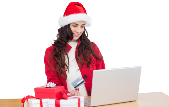 Digital png photo of caucasian woman with santa claus hat and laptop on transparent background