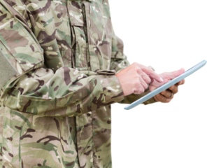 Digital png photo of soldier using tablet on transparent background