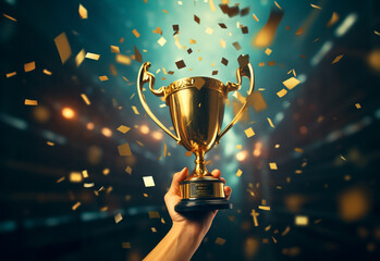Hand holding gold trophy cup with confetti. celebrating with trophy award for success realistic image, ultra hd, high design very detailed