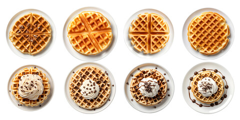 Set of Waffle with chocolate chip on white plate, top view with transparent background, Generative AI