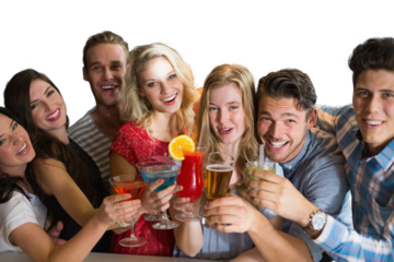 Digital png photo of caucasian group of people with drinks on transparent background