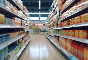 Fototapeta premium Blurry shopping shelves in supermarkets and department stores realistic image, ultra hd, high design very detailed