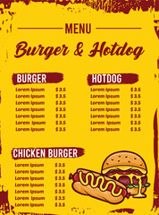 template design of Fast food menu with burger and hotdog vector