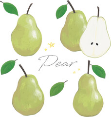 洋なしの手描き水彩セット2　カット付き　ベクター