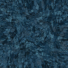 Blue denim halftones hexagon snake skin. Seamless geometric vector texture