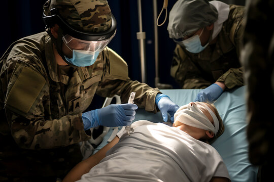 A Military Doctor Provides First Aid To A Wounded Patient